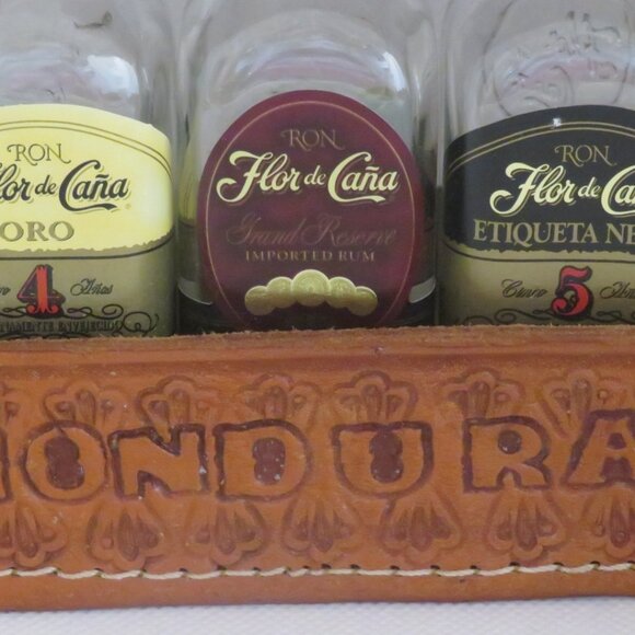 FLOR de CANA Empty Rum Sample Bottles in Leather Holder (K431) - Picture 2 of 5